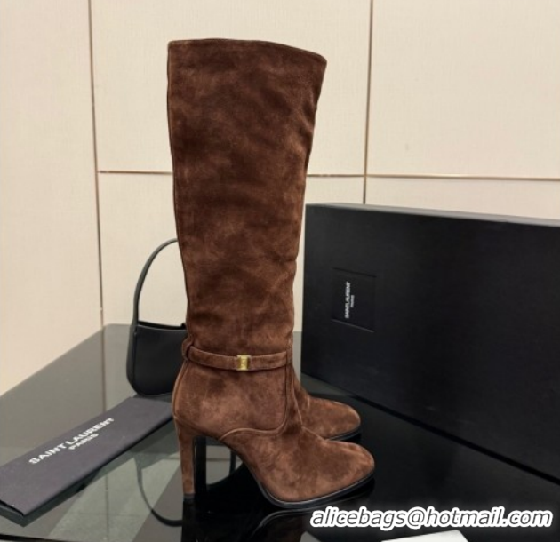 Good Quality Saint Laurent Diane Heel High Boots 10.5cm in Suede with Logo Strap Brown 1213016