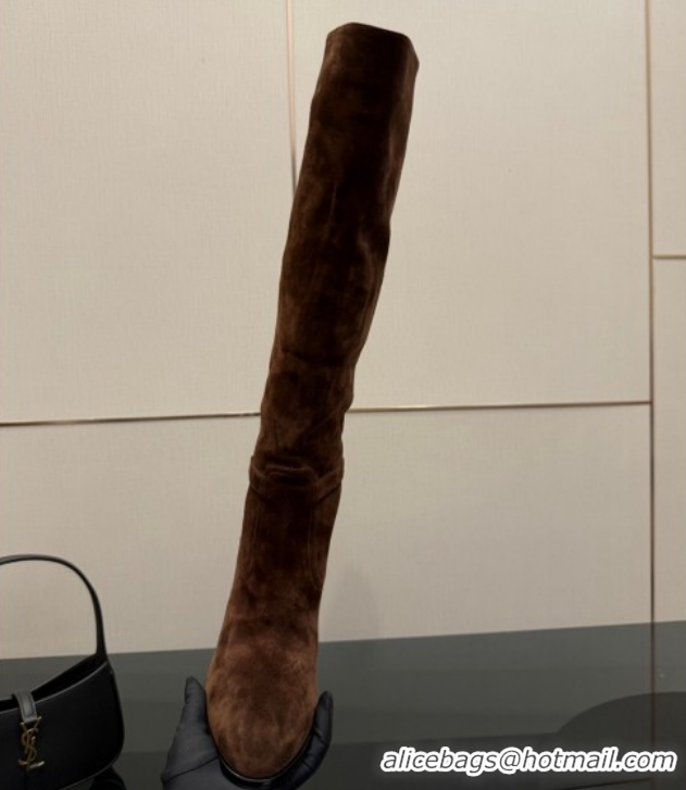 Good Quality Saint Laurent Diane Heel High Boots 10.5cm in Suede with Logo Strap Brown 1213016