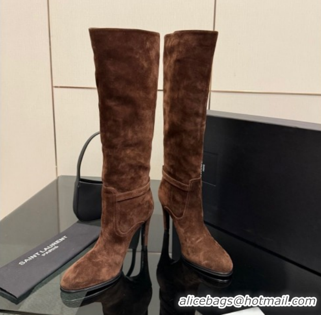 Good Quality Saint Laurent Diane Heel High Boots 10.5cm in Suede with Logo Strap Brown 1213016