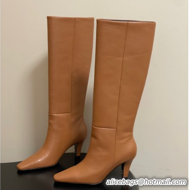 Best Product Saint Laurent Jill Heel High Boots 8cm in Calfskin Leather Light Brown 1213018