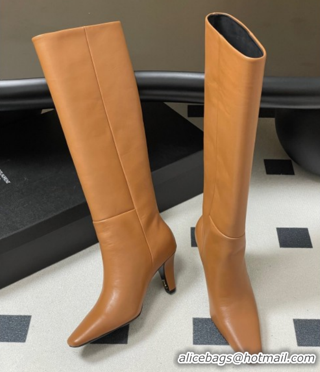 Best Product Saint Laurent Jill Heel High Boots 8cm in Calfskin Leather Light Brown 1213018