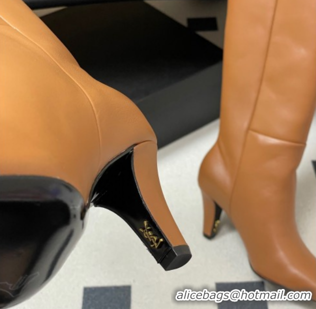 Best Product Saint Laurent Jill Heel High Boots 8cm in Calfskin Leather Light Brown 1213018