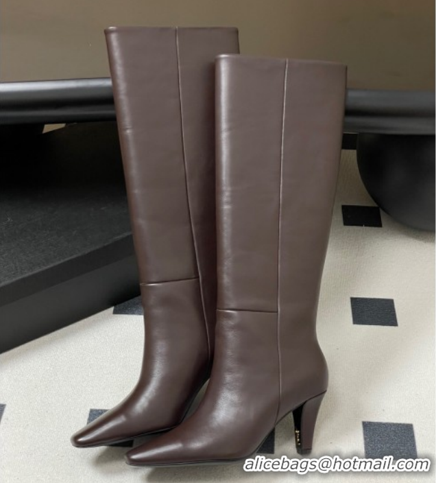 Cheap Price Saint Laurent Jill Heel High Boots 8cm in Calfskin Leather Dark Brown 1213019