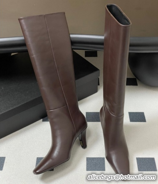 Cheap Price Saint Laurent Jill Heel High Boots 8cm in Calfskin Leather Dark Brown 1213019
