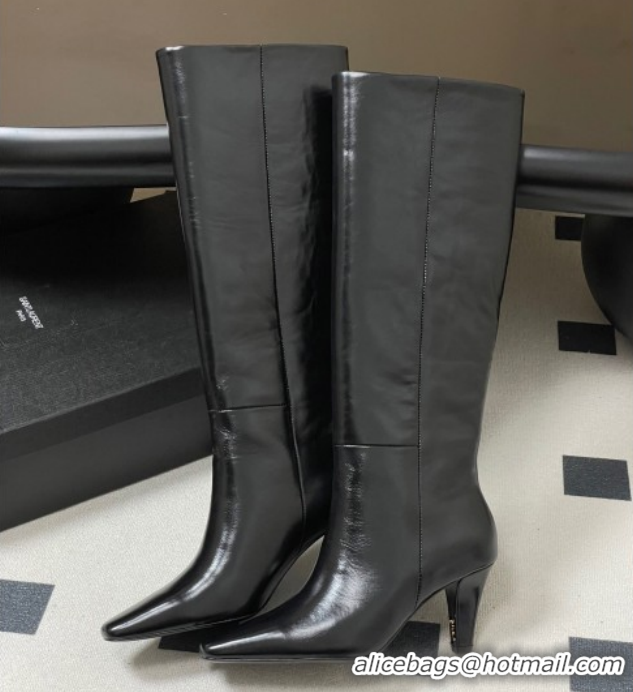 Best Grade Saint Laurent Jill Heel High Boots 8cm in Shiny Leather Black 1213020