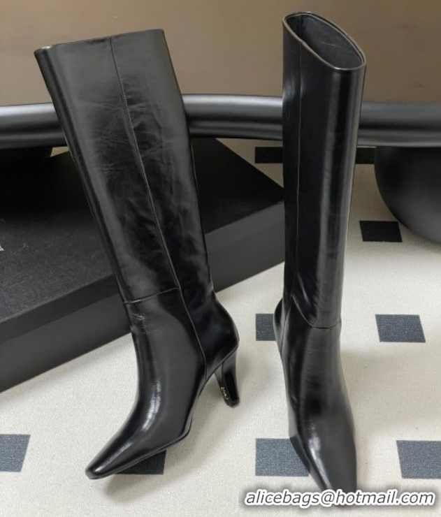 Best Grade Saint Laurent Jill Heel High Boots 8cm in Shiny Leather Black 1213020