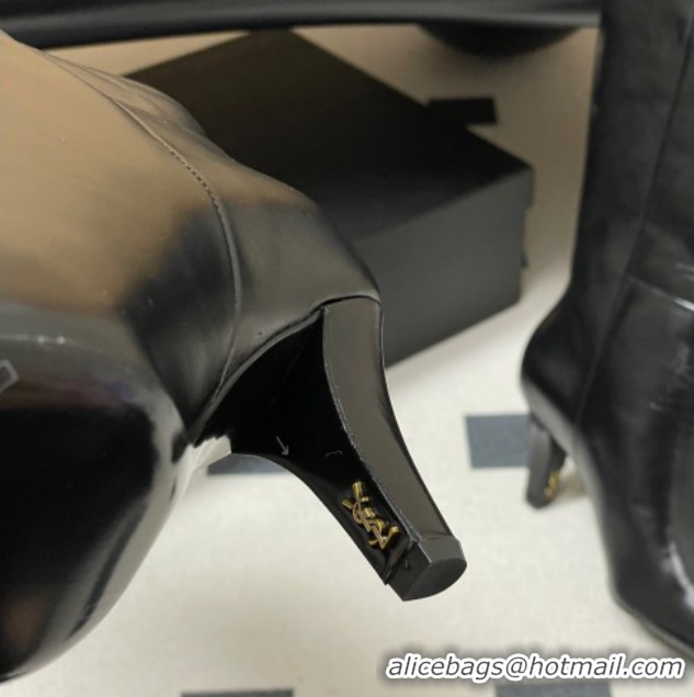 Best Grade Saint Laurent Jill Heel High Boots 8cm in Shiny Leather Black 1213020