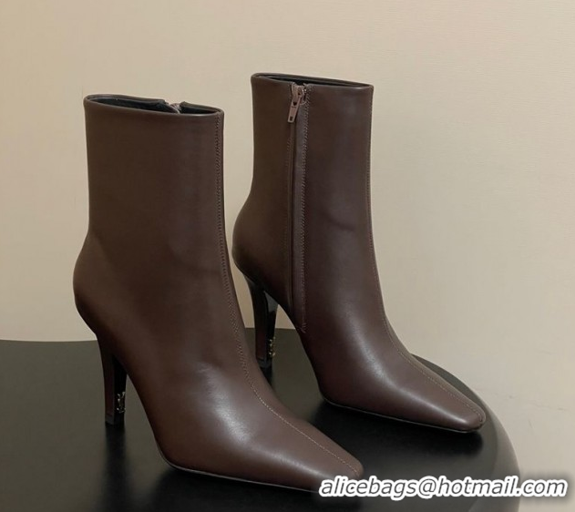 Durable Saint Laurent Jill Heel Booties 10cm in Calfskin Leather Dark Brown 1213024
