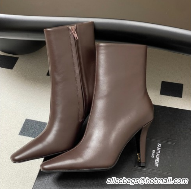 Durable Saint Laurent Jill Heel Booties 10cm in Calfskin Leather Dark Brown 1213024
