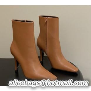 Top Design Saint Laurent Jill Heel Booties 10cm in Calfskin Leather Light Brown 1213025