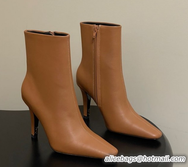 Top Design Saint Laurent Jill Heel Booties 10cm in Calfskin Leather Light Brown 1213025