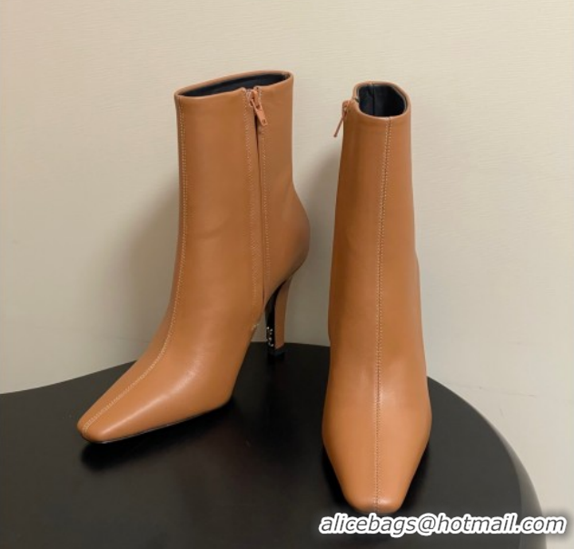 Top Design Saint Laurent Jill Heel Booties 10cm in Calfskin Leather Light Brown 1213025