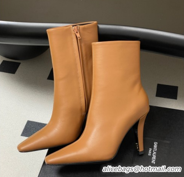 Top Design Saint Laurent Jill Heel Booties 10cm in Calfskin Leather Light Brown 1213025