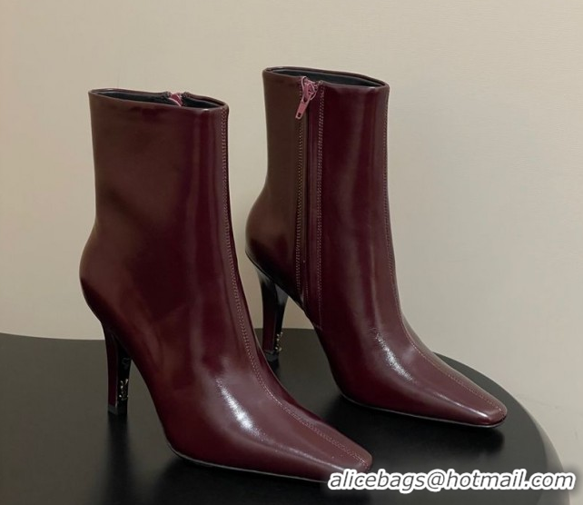 Shop Duplicate Saint Laurent Jill Heel Booties 10cm in Calfskin Leather Dark Burgundy 1213026