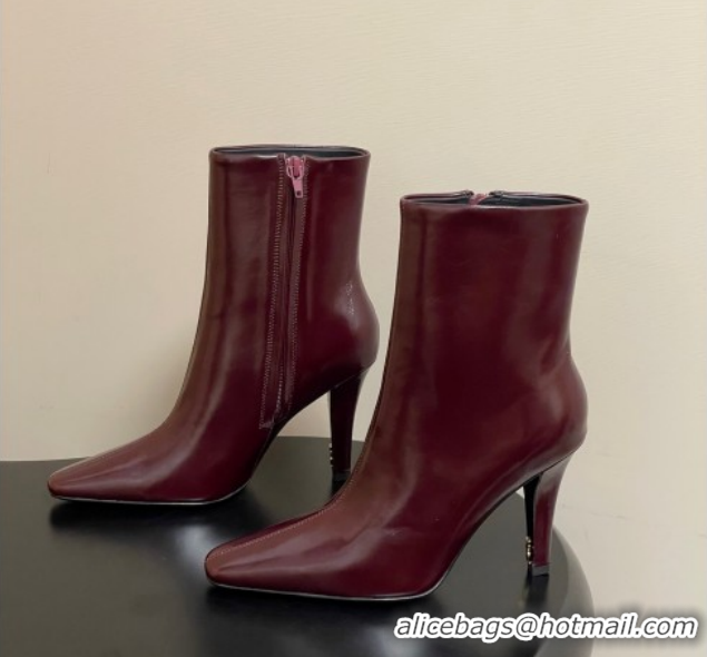 Shop Duplicate Saint Laurent Jill Heel Booties 10cm in Calfskin Leather Dark Burgundy 1213026