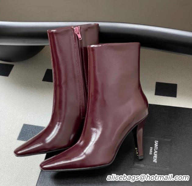 Shop Duplicate Saint Laurent Jill Heel Booties 10cm in Calfskin Leather Dark Burgundy 1213026