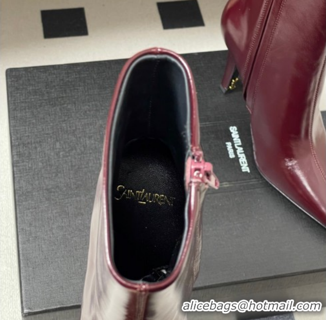 Shop Duplicate Saint Laurent Jill Heel Booties 10cm in Calfskin Leather Dark Burgundy 1213026