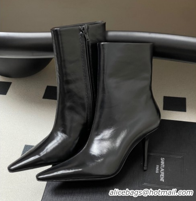 Stylish Saint Laurent Ashley Heel Booties 9.5cm in Shiny Leather Black 1213033