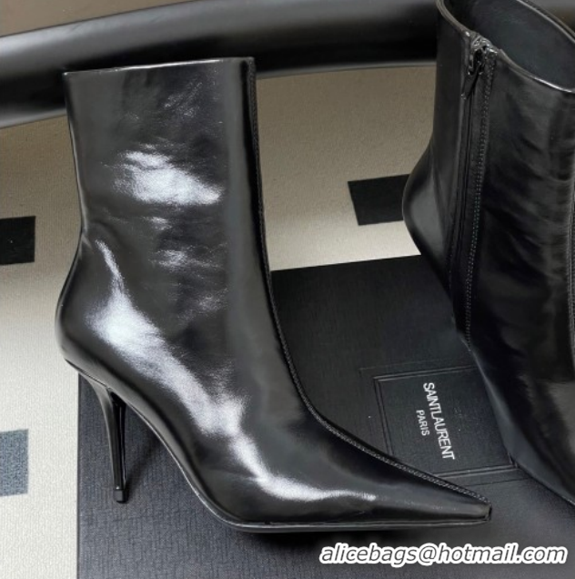 Stylish Saint Laurent Ashley Heel Booties 9.5cm in Shiny Leather Black 1213033