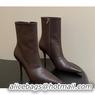 Luxury Discount Saint Laurent Ashley Heel Booties 9.5cm in Calfskin Leather Dark Brown 1213035