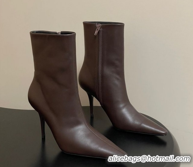Luxury Discount Saint Laurent Ashley Heel Booties 9.5cm in Calfskin Leather Dark Brown 1213035