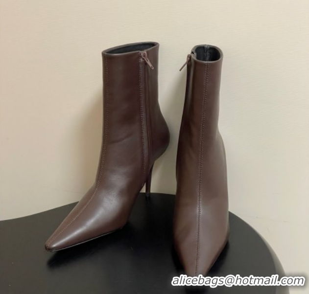Luxury Discount Saint Laurent Ashley Heel Booties 9.5cm in Calfskin Leather Dark Brown 1213035