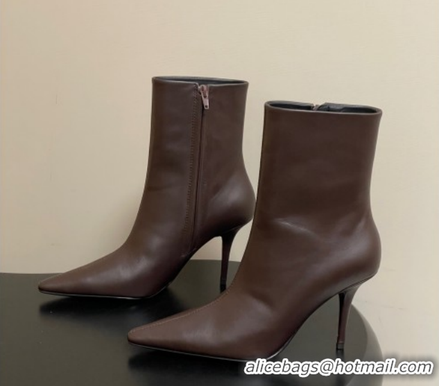 Luxury Discount Saint Laurent Ashley Heel Booties 9.5cm in Calfskin Leather Dark Brown 1213035