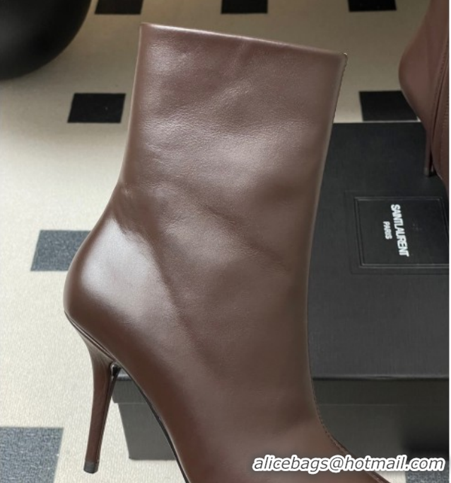 Luxury Discount Saint Laurent Ashley Heel Booties 9.5cm in Calfskin Leather Dark Brown 1213035