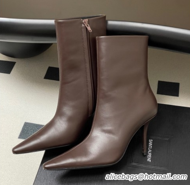 Luxury Discount Saint Laurent Ashley Heel Booties 9.5cm in Calfskin Leather Dark Brown 1213035