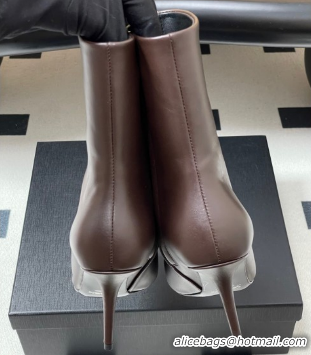Luxury Discount Saint Laurent Ashley Heel Booties 9.5cm in Calfskin Leather Dark Brown 1213035