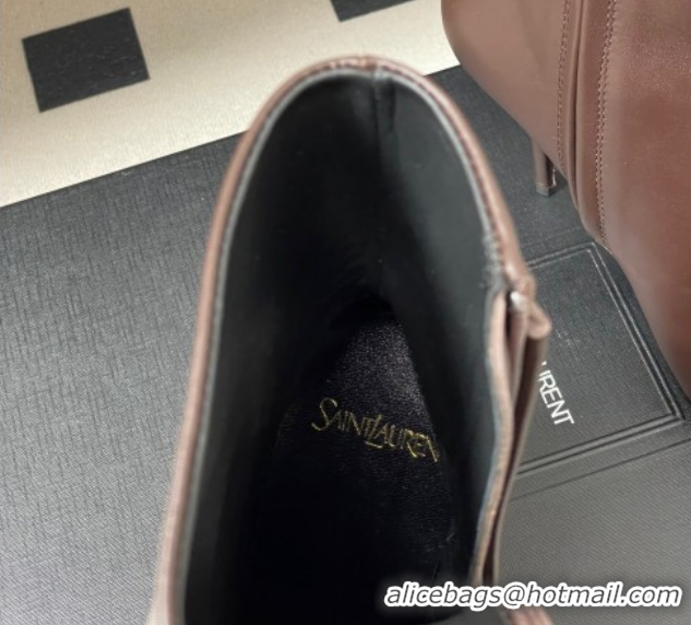 Luxury Discount Saint Laurent Ashley Heel Booties 9.5cm in Calfskin Leather Dark Brown 1213035