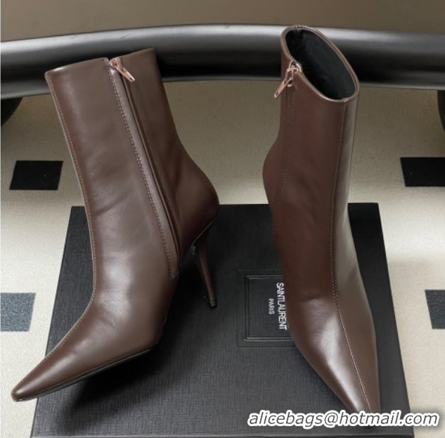 Luxury Discount Saint Laurent Ashley Heel Booties 9.5cm in Calfskin Leather Dark Brown 1213035