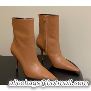 Luxury Saint Laurent Ashley Heel Booties 9.5cm in Calfskin Leather Light Brown 1213036