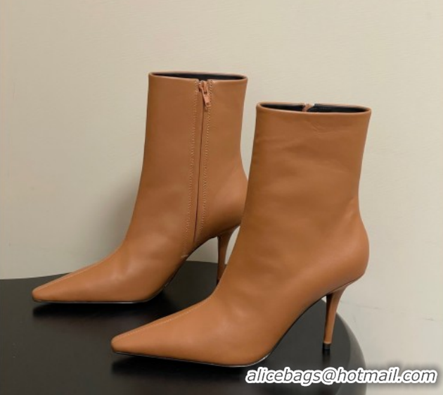 Luxury Saint Laurent Ashley Heel Booties 9.5cm in Calfskin Leather Light Brown 1213036