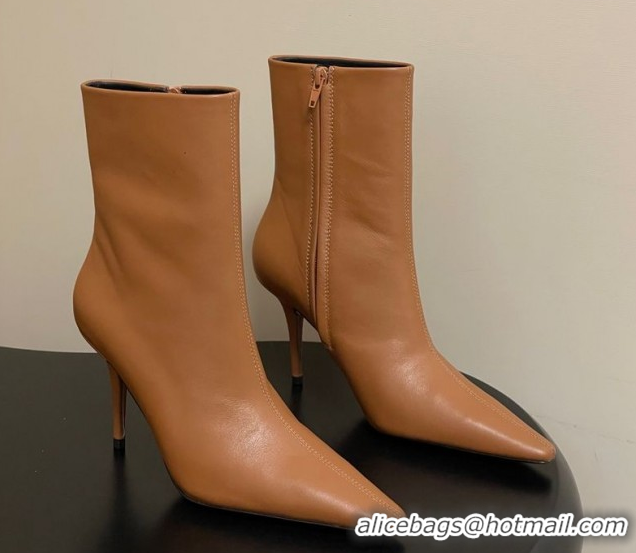 Luxury Saint Laurent Ashley Heel Booties 9.5cm in Calfskin Leather Light Brown 1213036