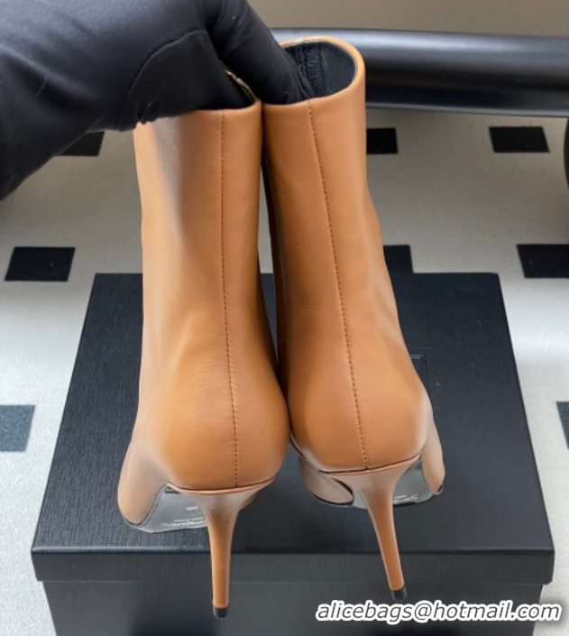 Luxury Saint Laurent Ashley Heel Booties 9.5cm in Calfskin Leather Light Brown 1213036
