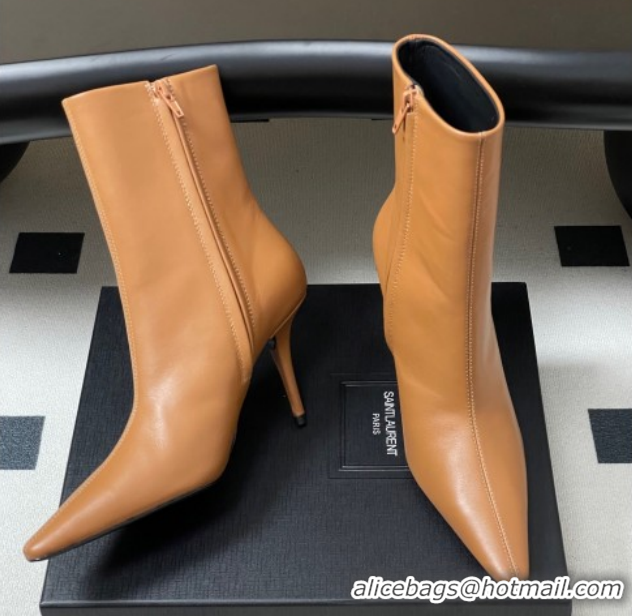 Luxury Saint Laurent Ashley Heel Booties 9.5cm in Calfskin Leather Light Brown 1213036