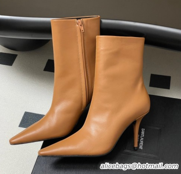 Luxury Saint Laurent Ashley Heel Booties 9.5cm in Calfskin Leather Light Brown 1213036
