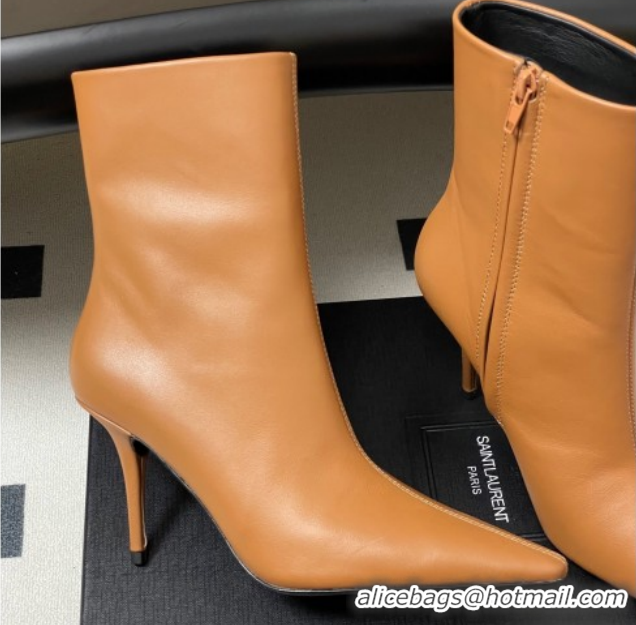 Luxury Saint Laurent Ashley Heel Booties 9.5cm in Calfskin Leather Light Brown 1213036