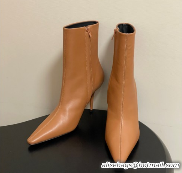 Luxury Saint Laurent Ashley Heel Booties 9.5cm in Calfskin Leather Light Brown 1213036