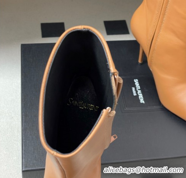 Luxury Saint Laurent Ashley Heel Booties 9.5cm in Calfskin Leather Light Brown 1213036
