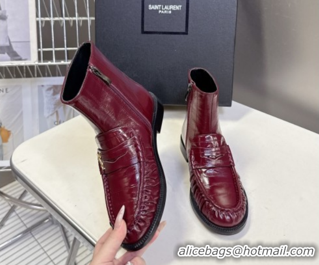 Big Discount Saint Laurent Le Flat Booties in Eel Embossed Leather Red YSL121301 1213037