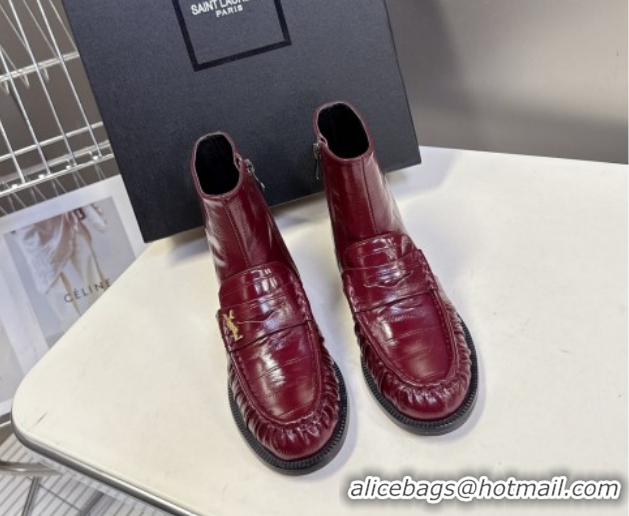 Big Discount Saint Laurent Le Flat Booties in Eel Embossed Leather Red YSL121301 1213037