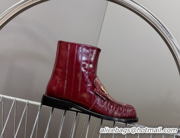 Big Discount Saint Laurent Le Flat Booties in Eel Embossed Leather Red YSL121301 1213037