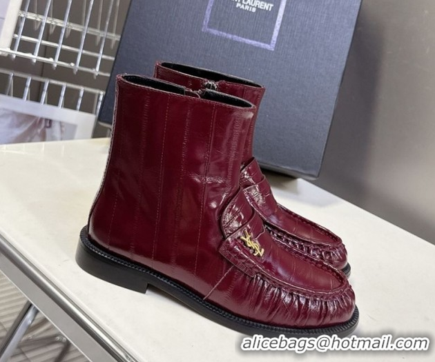 Big Discount Saint Laurent Le Flat Booties in Eel Embossed Leather Red YSL121301 1213037