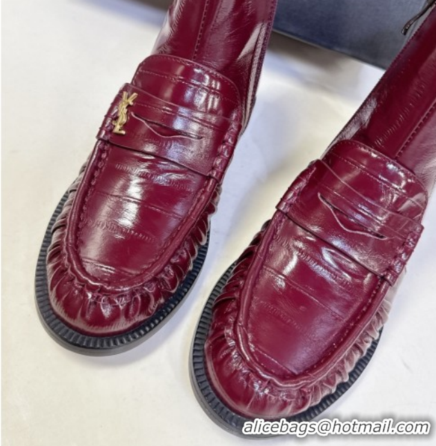 Big Discount Saint Laurent Le Flat Booties in Eel Embossed Leather Red YSL121301 1213037