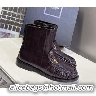 Luxury Cheap Saint Laurent Le Flat Booties in Eel Embossed Leather Dark Brown YSL121301 1213038