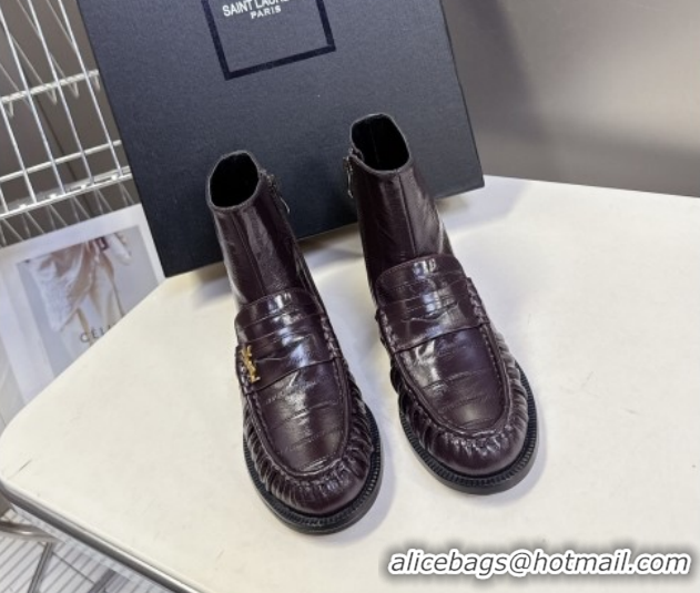Luxury Cheap Saint Laurent Le Flat Booties in Eel Embossed Leather Dark Brown YSL121301 1213038