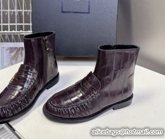 Luxury Cheap Saint Laurent Le Flat Booties in Eel Embossed Leather Dark Brown YSL121301 1213038