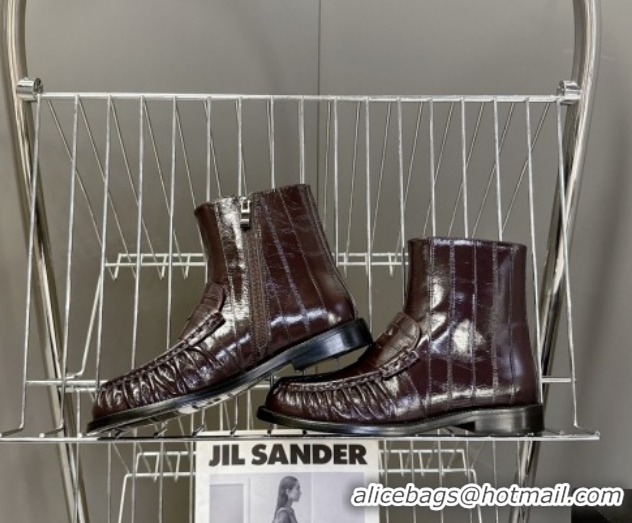 Luxury Cheap Saint Laurent Le Flat Booties in Eel Embossed Leather Dark Brown YSL121301 1213038